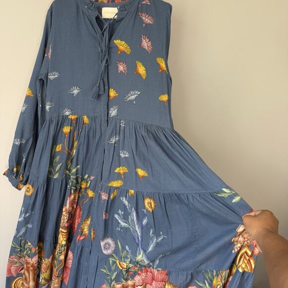 Carolina K Maxi Dress Blue Floral Prints Button Front Size S Long Puff Sleeves - Picture 10 of 11